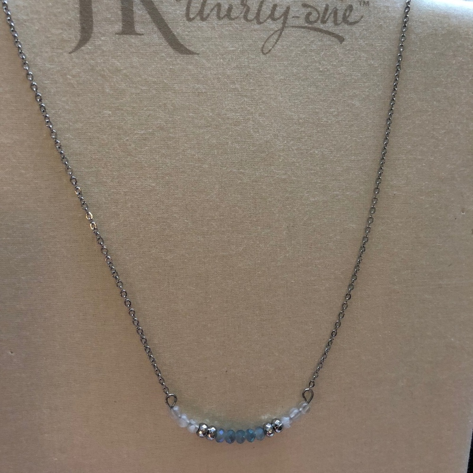 Silver Tone Jk Necklace By Thirty-One W/Blue/White/Silver Beads